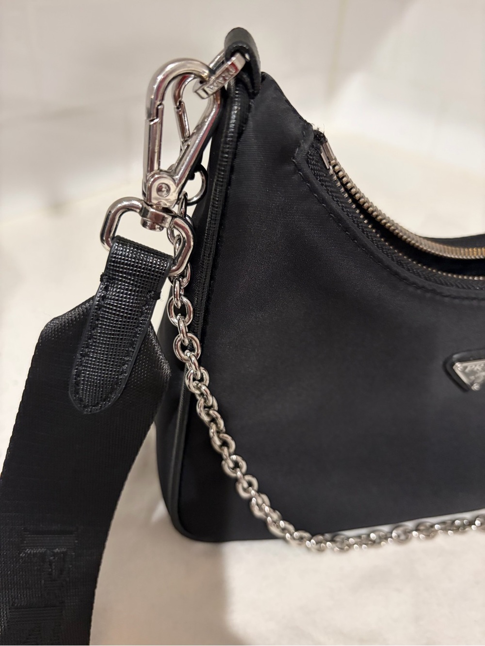 Prada Black Nylon Shoulder Bag with Silver Chain & Detachable Strap - Picture 6 of 9